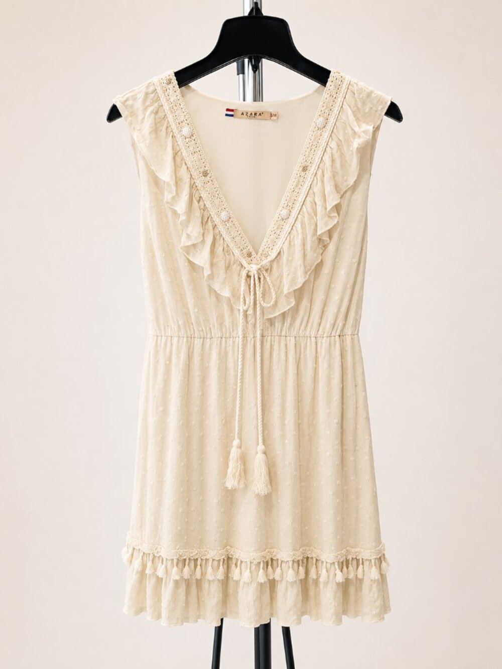 Azara Paris Cream Boho Ruffle Tassel Mini Dress S/M